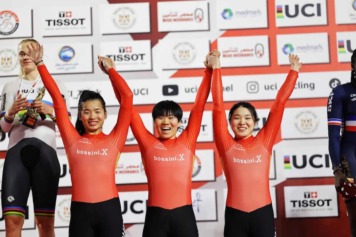 Picture by Alex Whitehead/SWpix.com - 15/03/2023 - Cycling - Tissot UCI Track Nations Cup: Round 2 - Cairo International Velodrome, Cairo, Egypt - Women's Team Sprint Finals - Shanju Bao, Yufang Guo, Liying Yuan of China
