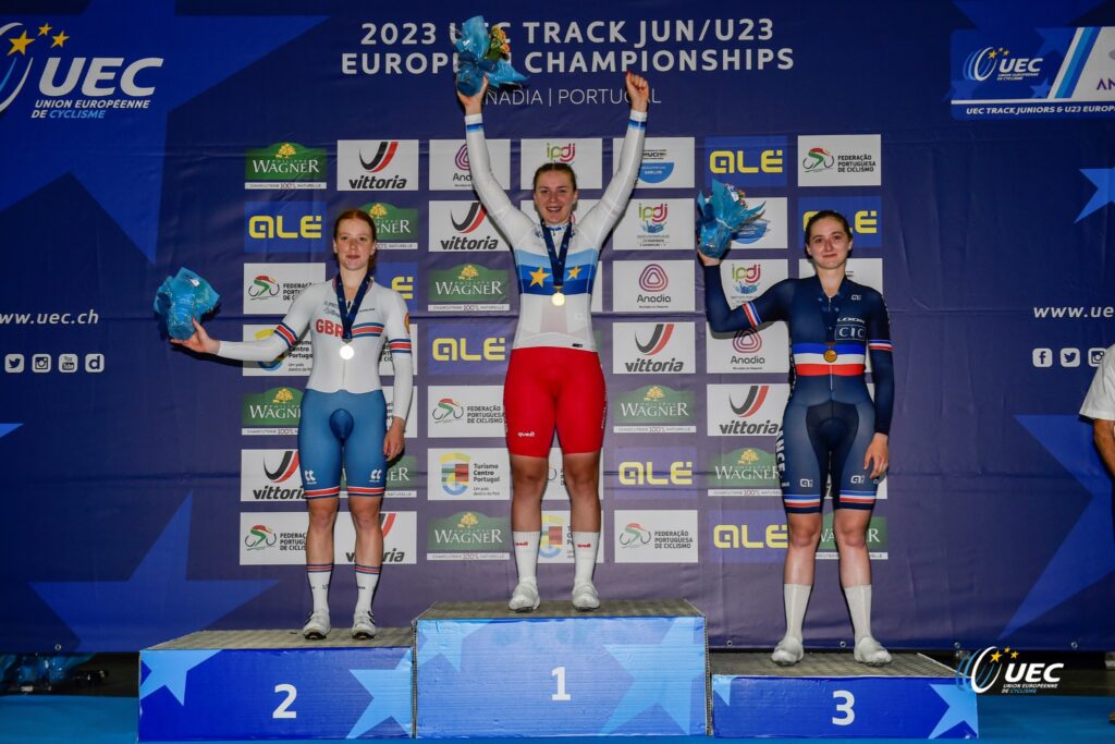 Флора Перкинс, Майя Трака и Констанс Маршан / 2023 UEC Juniores & U23 - Track European Championships - Anadia - 12/07/2023 - WomenÕs U23 Scratch Race - photo Tommaso Pelagalli / Sprint Cycling Agency © 2023