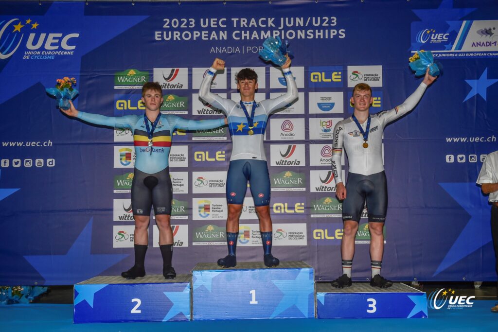 Нолана Хюисманс, Давиде Стелла и Джейкоб Фогт / 2023 UEC Juniores & U23 - Track European Championships - Anadia - 12/07/2023 - MenÕs Junior 1km TT  - photo Tommaso Pelagalli / Sprint Cycling Agency © 2023