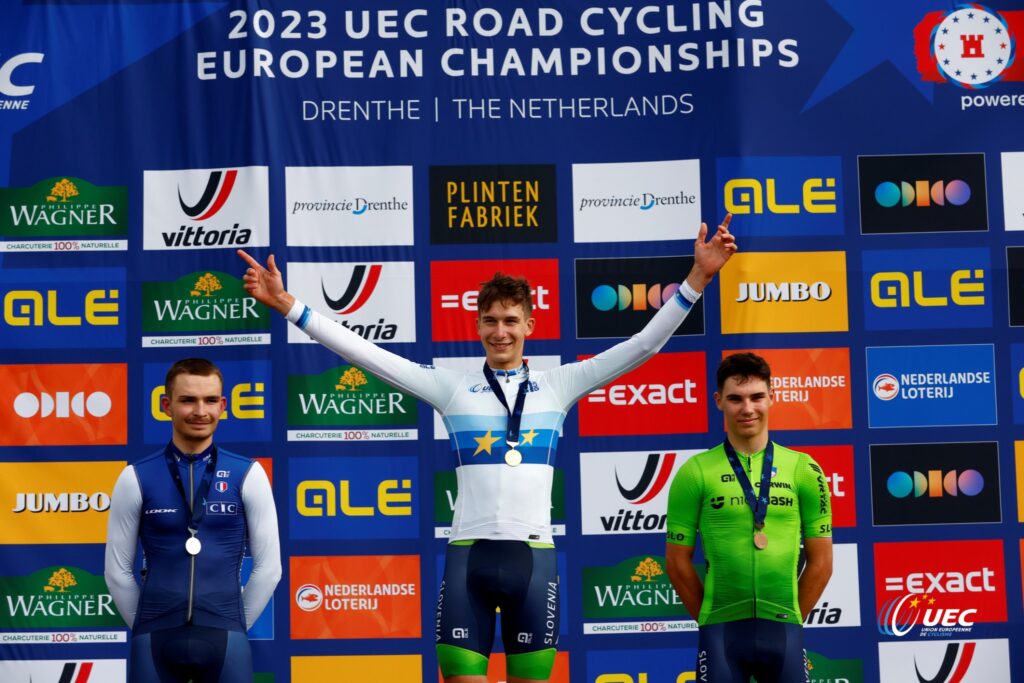 2023 UEC Road European Championships - Drenthe - Junior Men's Road Race - Drijber - Col Du VAM 111 km - 23/09/2023 - Anze Ravbar (Slovenia) - Matys Grisel (France) - Zak Erzen (Slovenia) - photo Luca Bettini/SprintCyclingAgency©2023