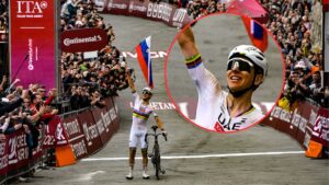 Тадей Погачар на финише Страде Бьянке 2026 года